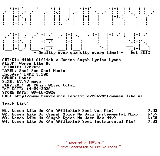 NFO for the release Mikki_Afflick_x_Janine_Sugah_Lyrics_Lyons-Women_Like_Us-(SSSM099)-WEB-2026-BB by BB