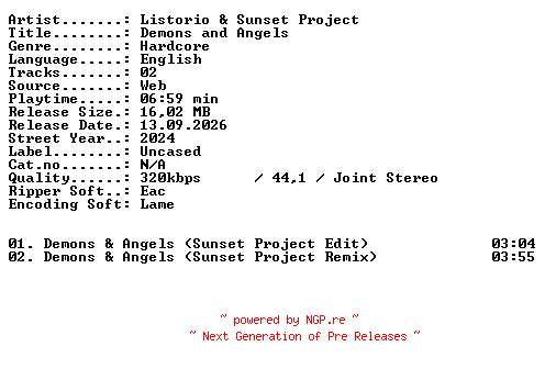 NFO for the release Listorio_and_SUNSET_PROJECT-Demons_and_Angels-WEB-2024-XTC_iNT by XTC_iNT