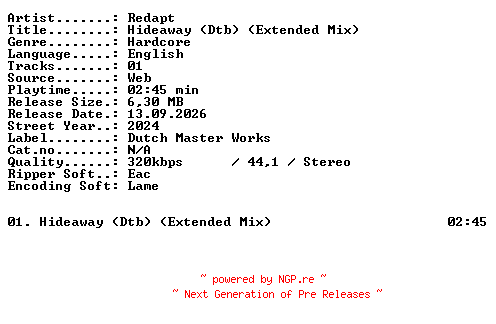 NFO for the release Redapt-Hideaway_(Dtb)_(Extended_Mix)-SINGLE-WEB-2024-XTC_iNT by XTC_iNT
