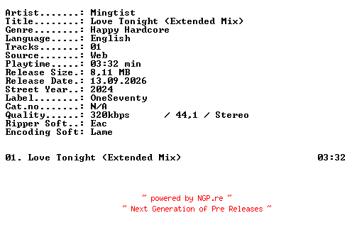 NFO for the release Mingtist-Love_Tonight_(Extended_Mix)-SINGLE-WEB-2024-XTC_iNT by XTC_iNT