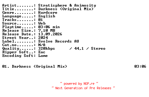 NFO for the release Stratisphere_and_Animosity-Darkness_(Original_Mix)-SINGLE-WEB-2024-XTC_iNT by XTC_iNT