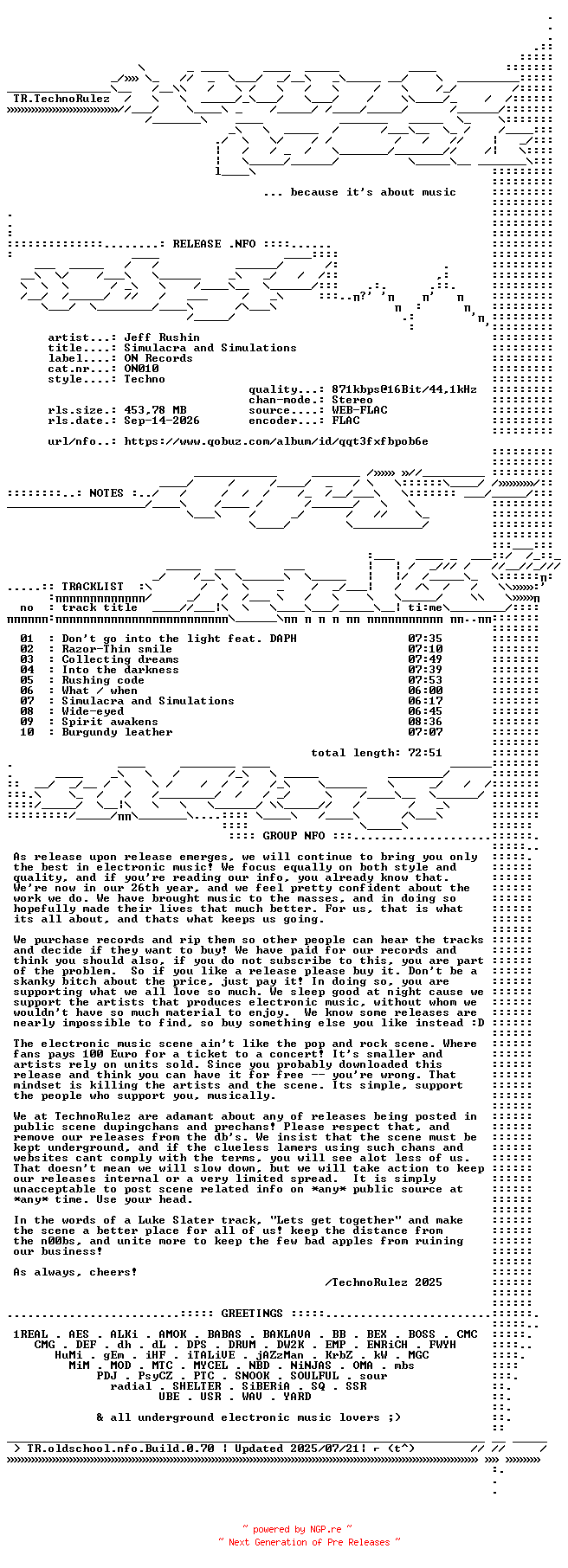 NFO for the release Jeff_Rushin-Simulacra_and_Simulations-(ON010)-16BIT-WEB-FLAC-2026-TR by TR