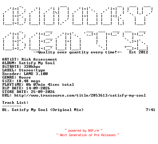 NFO for the release Risk_Assessment-Satisfy_My_Soul-(ST088)-SINGLE-WEB-2026-BB by BB