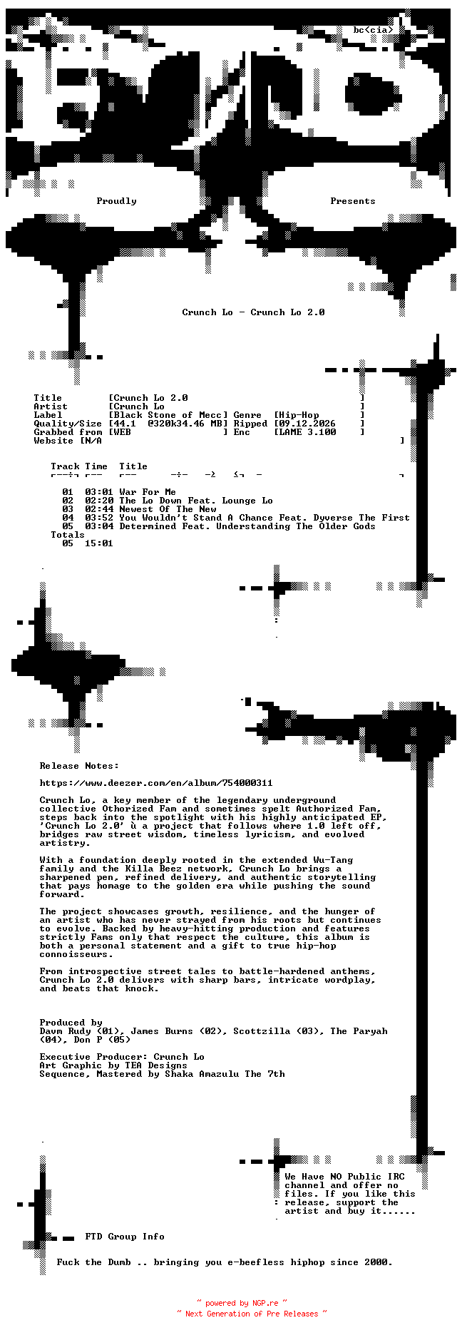 NFO for the release Crunch_Lo-Crunch_Lo_2.0-EP-WEB-2024-FTD by FTD
