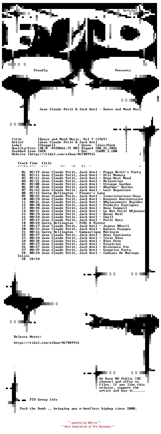 NFO for the release Jean_Claude_Petit_and_Jack_Arel-Dance_and_Mood_Music_Vol_7_(1969)-(DMM_307)-WEB-2025-FTD by FTD