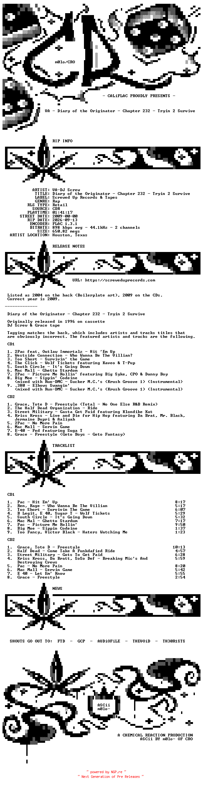 NFO for the release VA-DJ_Screw-Diary_Of_The_Originator_Chapter_232-Tryin_2_Survive-Reissue-2CDR-FLAC-2009-CALiFLAC by CALiFLAC