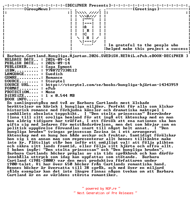 NFO for the release Barbara.Cartland.Kungliga.Hjartan.2026.SWEDiSH.RETAiL.ePub.eBOOK-DECiPHER by DECiPHER
