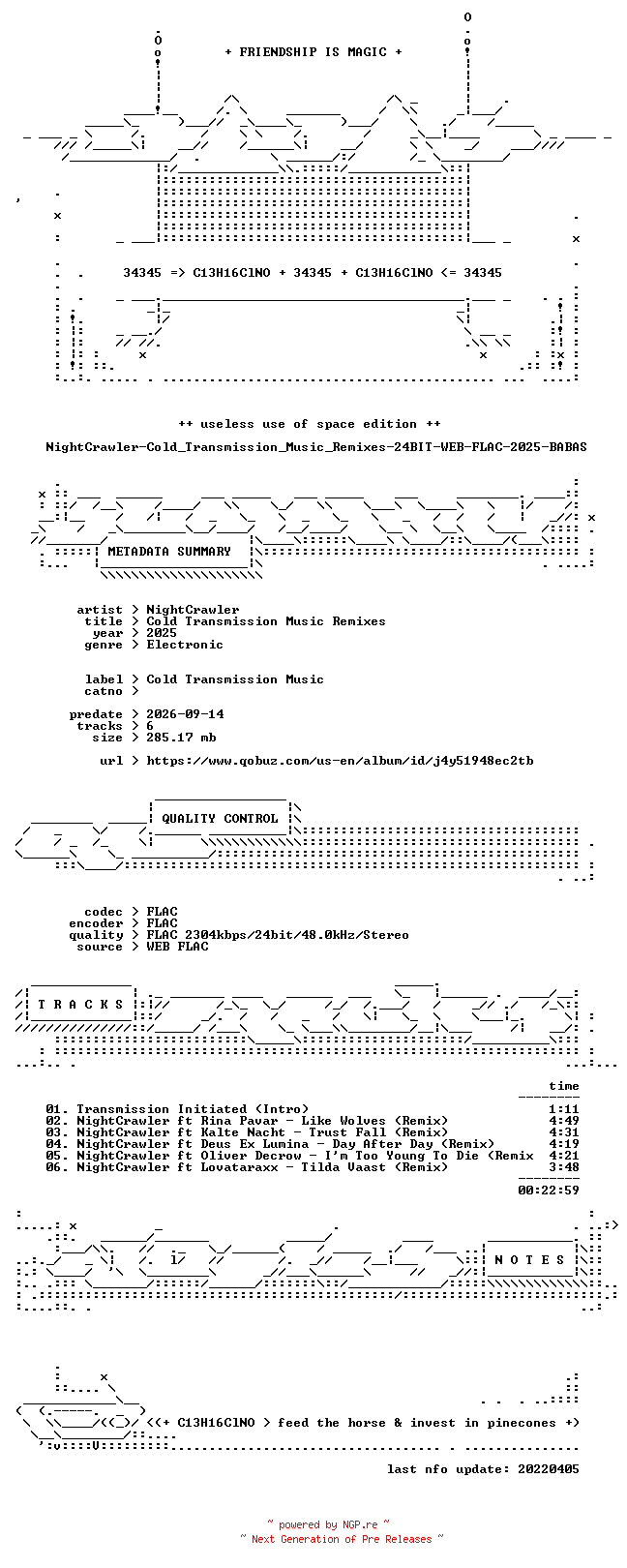 NFO for the release NightCrawler-Cold_Transmission_Music_Remixes-24BIT-WEB-FLAC-2025-BABAS by BABAS