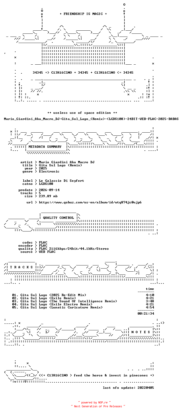 NFO for the release Mario_Giardini_Aka_Macro_DJ-Gita_Sul_Lago_(Remix)-(LGDS108)-24BIT-WEB-FLAC-2025-BABAS by BABAS