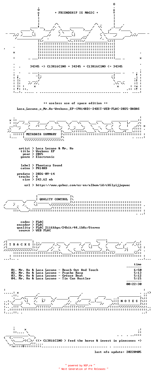 NFO for the release Luca_Lozano_x_Mr.Ho-Wrekons_EP-(PH148D)-24BIT-WEB-FLAC-2025-BABAS by BABAS
