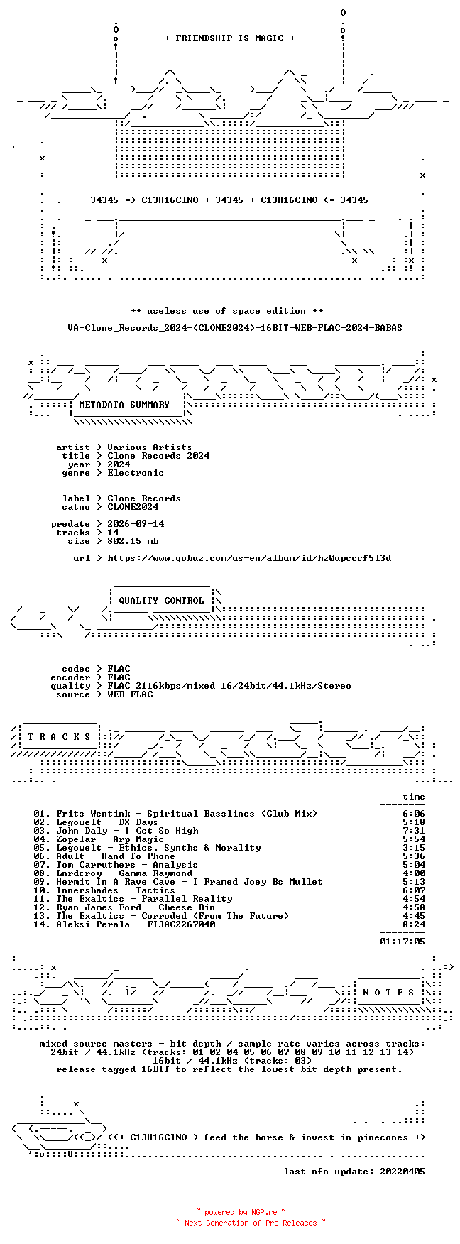 NFO for the release VA-Clone_Records_2024-(CLONE2024)-16BIT-WEB-FLAC-2024-BABAS by BABAS