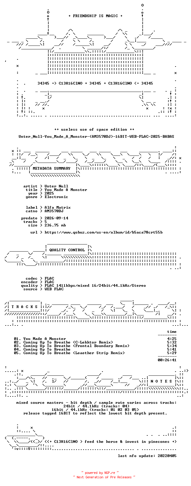NFO for the release Unter_Null-You_Made_A_Monster-(AM3570DJ)-16BIT-WEB-FLAC-2025-BABAS by BABAS