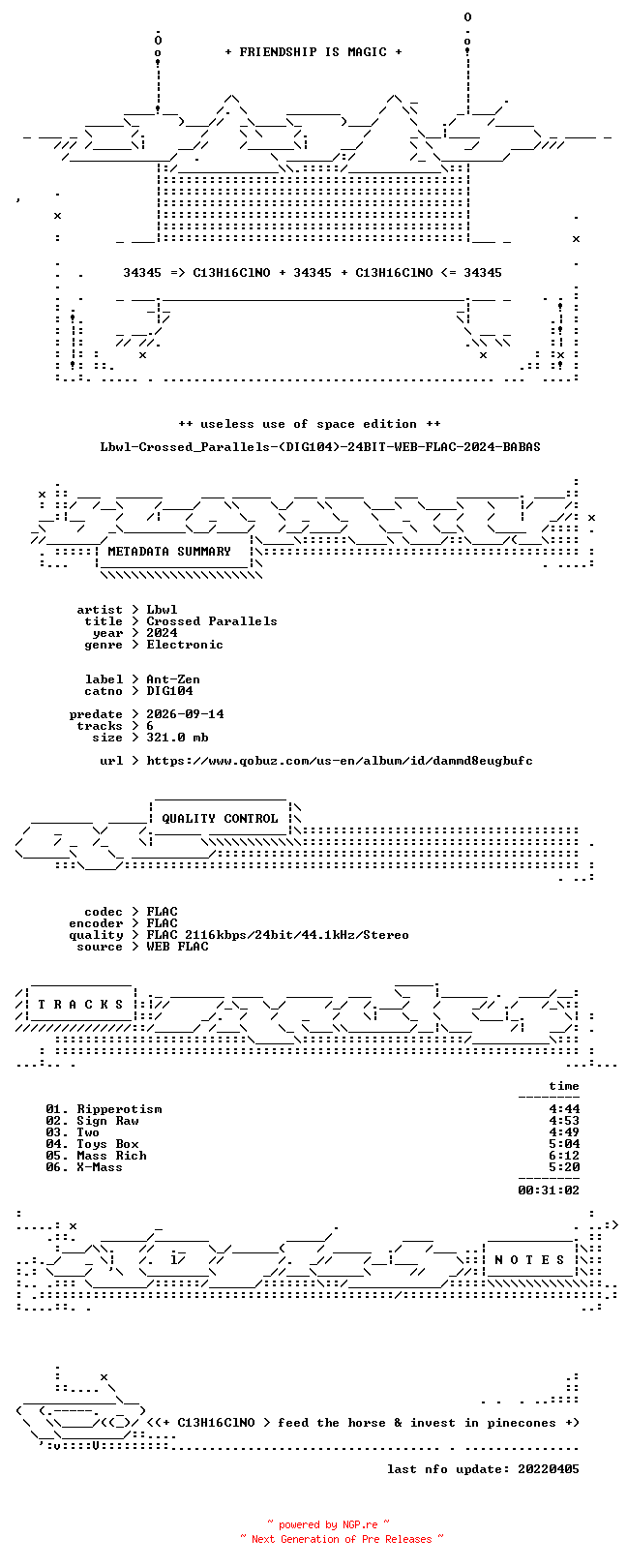 NFO for the release Lbwl-Crossed_Parallels-(DIG104)-24BIT-WEB-FLAC-2024-BABAS by BABAS