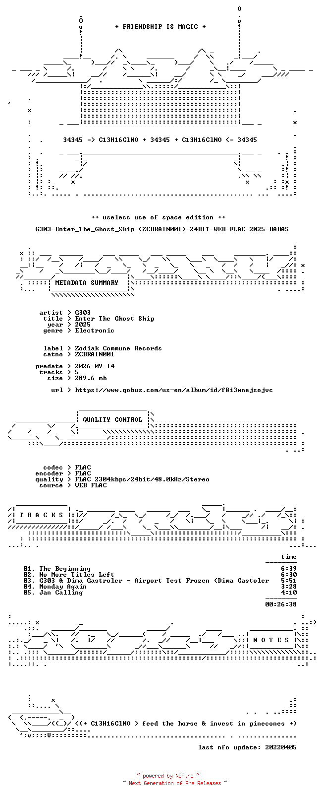 NFO for the release G303-Enter_The_Ghost_Ship-(ZCBRAIN001)-24BIT-WEB-FLAC-2025-BABAS by BABAS
