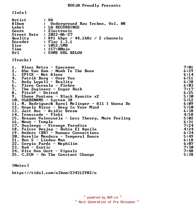 NFO for the release VA-Underground_Raw_Techno_Vol._08-16BIT-WEB-FLAC-2022-ROSiN by ROSiN