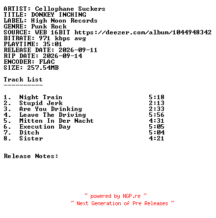 NFO for the release Cellophane_Suckers-DONKEY_INCHING-16BIT-WEB-FLAC-2026-SDR by SDR