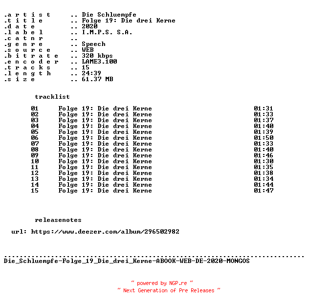 NFO for the release Die_Schluempfe-Folge_19_Die_drei_Kerne-ABOOK-WEB-DE-2020-MONGOS by MONGOS