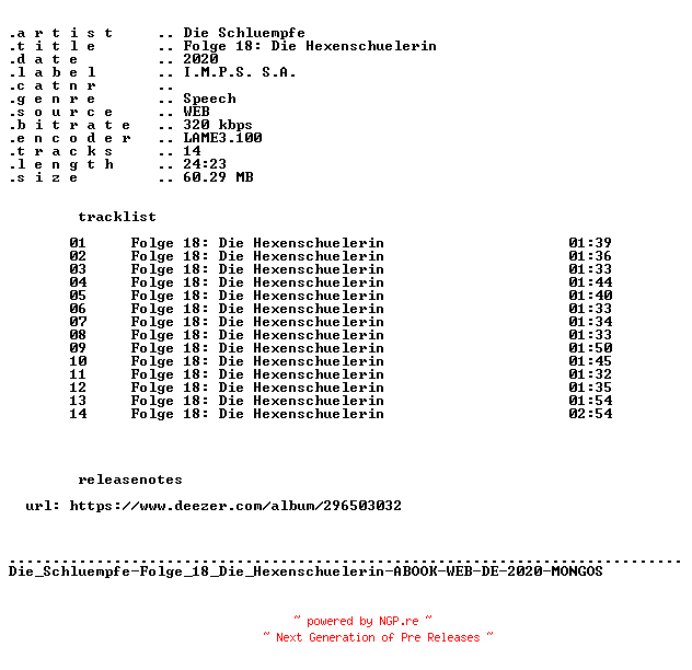 NFO for the release Die_Schluempfe-Folge_18_Die_Hexenschuelerin-ABOOK-WEB-DE-2020-MONGOS by MONGOS