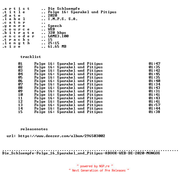 NFO for the release Die_Schluempfe-Folge_16_Sparakel_und_Pitipus-ABOOK-WEB-DE-2020-MONGOS by MONGOS
