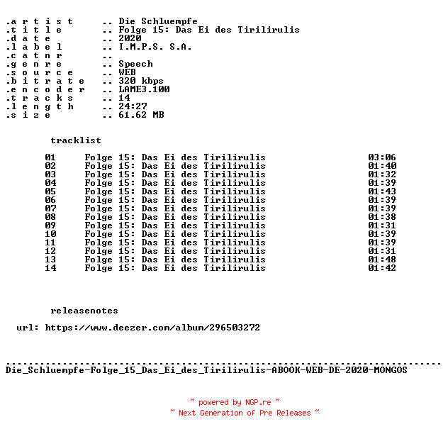 NFO for the release Die_Schluempfe-Folge_15_Das_Ei_des_Tirilirulis-ABOOK-WEB-DE-2020-MONGOS by MONGOS