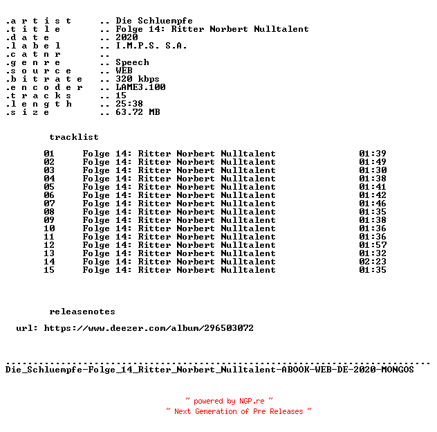 NFO for the release Die_Schluempfe-Folge_14_Ritter_Norbert_Nulltalent-ABOOK-WEB-DE-2020-MONGOS by MONGOS
