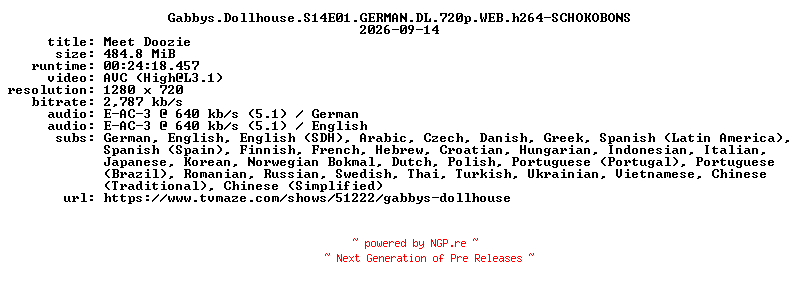 NFO for the release Gabbys.Dollhouse.S14E01.GERMAN.DL.720p.WEB.h264-SCHOKOBONS by SCHOKOBONS