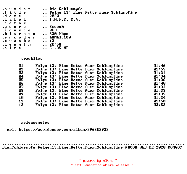 NFO for the release Die_Schluempfe-Folge_13_Eine_Kette_fuer_Schlumpfine-ABOOK-WEB-DE-2020-MONGOS by MONGOS