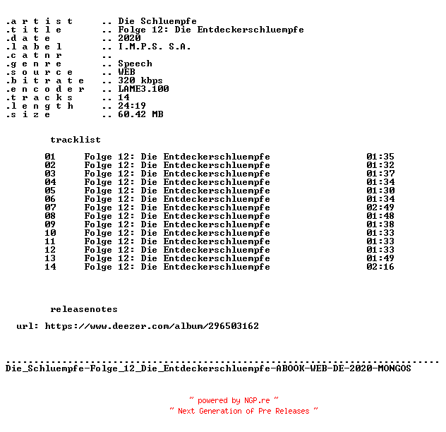 NFO for the release Die_Schluempfe-Folge_12_Die_Entdeckerschluempfe-ABOOK-WEB-DE-2020-MONGOS by MONGOS