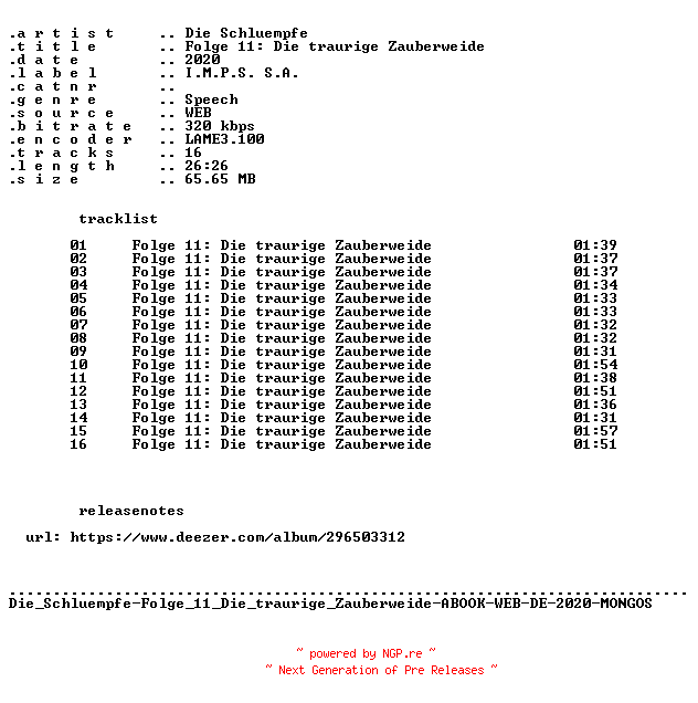 NFO for the release Die_Schluempfe-Folge_11_Die_traurige_Zauberweide-ABOOK-WEB-DE-2020-MONGOS by MONGOS