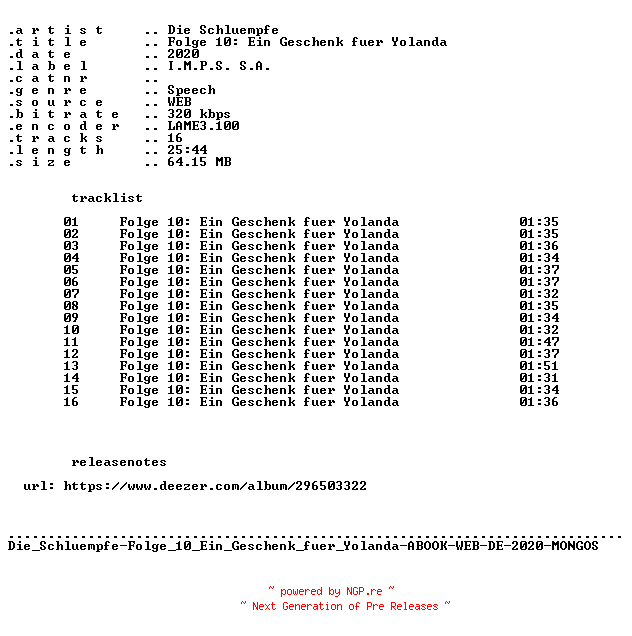 NFO for the release Die_Schluempfe-Folge_10_Ein_Geschenk_fuer_Yolanda-ABOOK-WEB-DE-2020-MONGOS by MONGOS