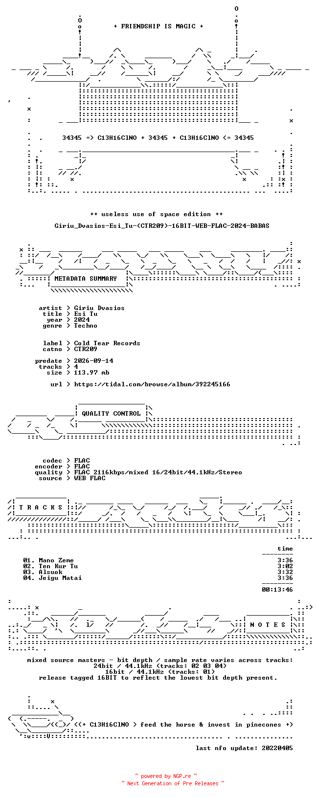 NFO for the release Giriu_Dvasios-Esi_Tu-(CTR209)-16BIT-WEB-FLAC-2024-BABAS by BABAS