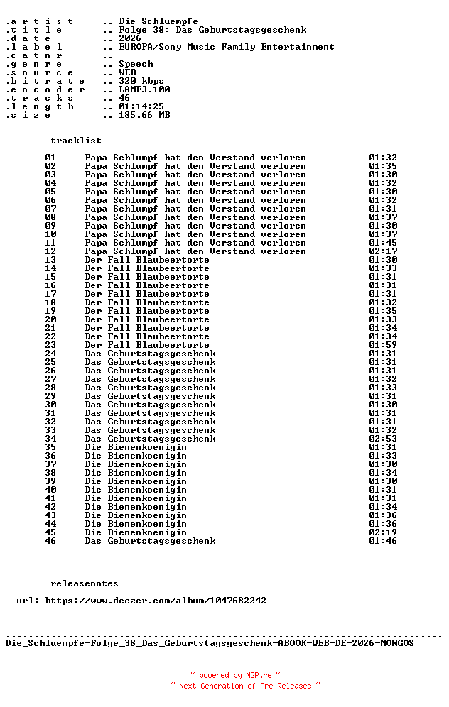 NFO for the release Die_Schluempfe-Folge_38_Das_Geburtstagsgeschenk-ABOOK-WEB-DE-2026-MONGOS by MONGOS