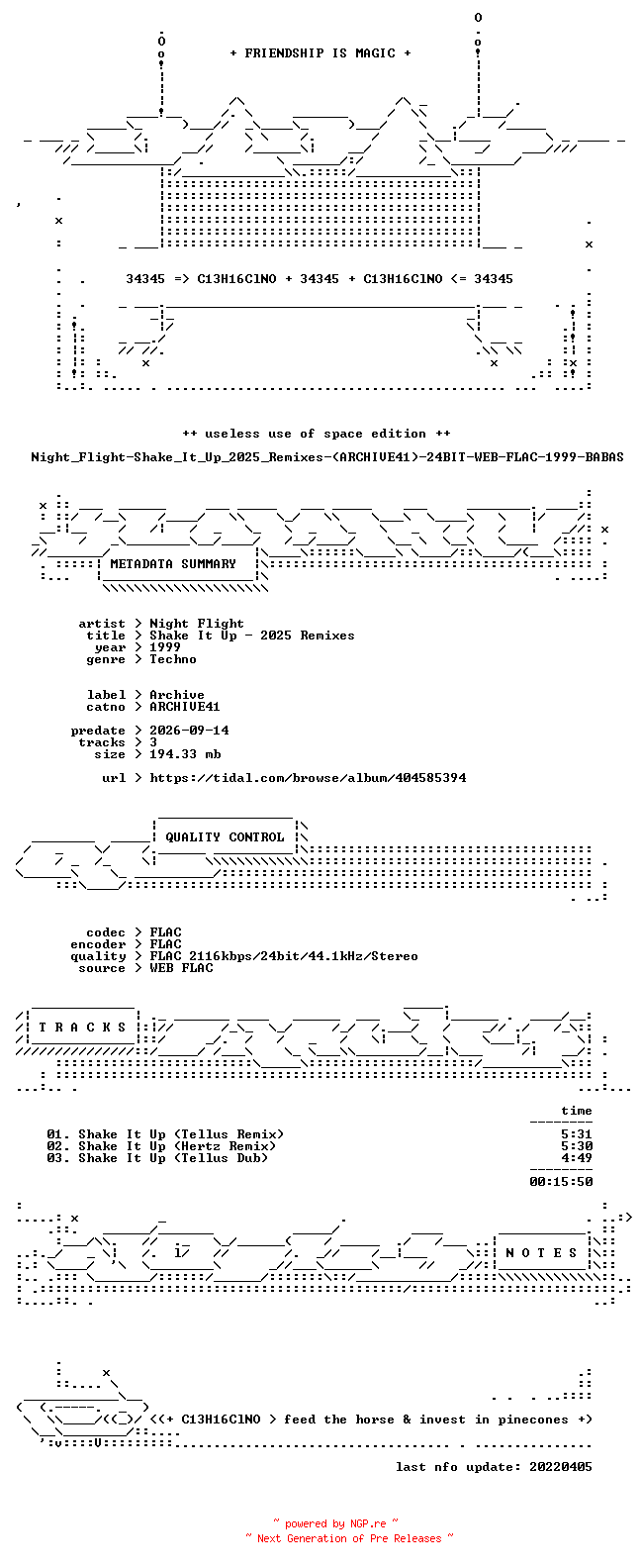 NFO for the release Night_Flight-Shake_It_Up_2025_Remixes-(ARCHIVE41)-24BIT-WEB-FLAC-1999-BABAS by BABAS