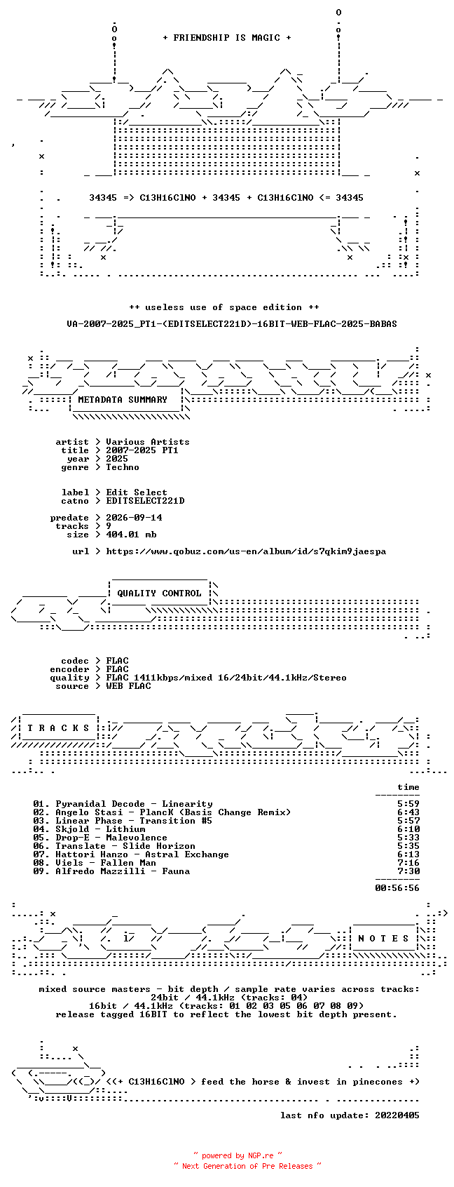 NFO for the release VA-2007-2025_PT1-(EDITSELECT221D)-16BIT-WEB-FLAC-2025-BABAS by BABAS