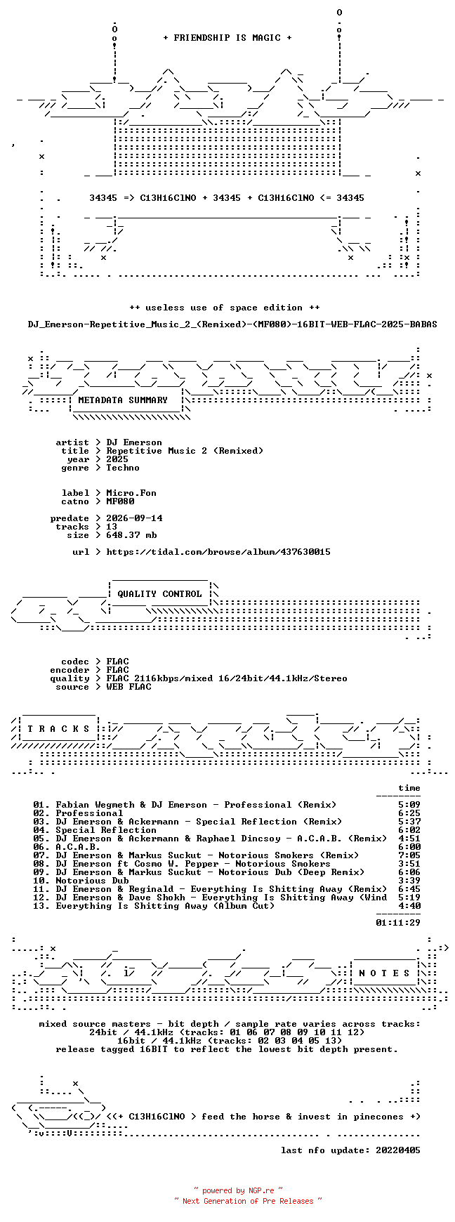 NFO for the release DJ_Emerson-Repetitive_Music_2_(Remixed)-(MF080)-16BIT-WEB-FLAC-2025-BABAS by BABAS