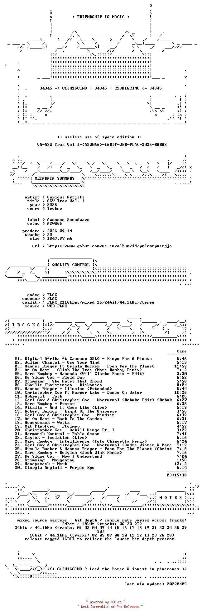 NFO for the release VA-ASW_Trax_Vol_1-(ASW066)-16BIT-WEB-FLAC-2025-BABAS by BABAS