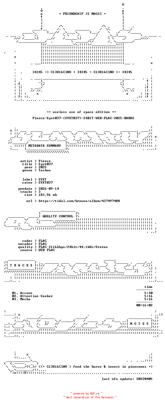 NFO for the release Pierce-Syxt037-(SYXT037)-24BIT-WEB-FLAC-2025-BABAS by BABAS