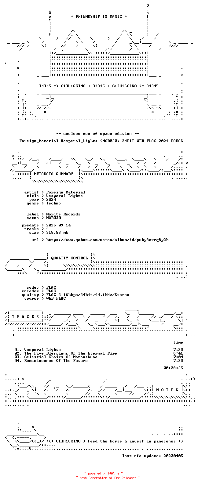 NFO for the release Foreign_Material-Vesperal_Lights-(NOR030)-24BIT-WEB-FLAC-2024-BABAS by BABAS