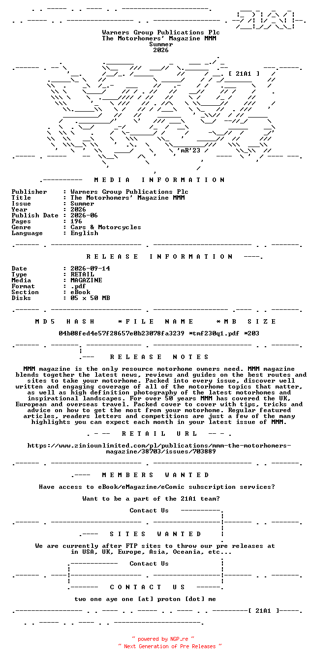 NFO for the release The.Motorhomers.Magazine.MMM.Summer.2026.RETAIL.MAGAZINE.eBook-21A1 by 21A1
