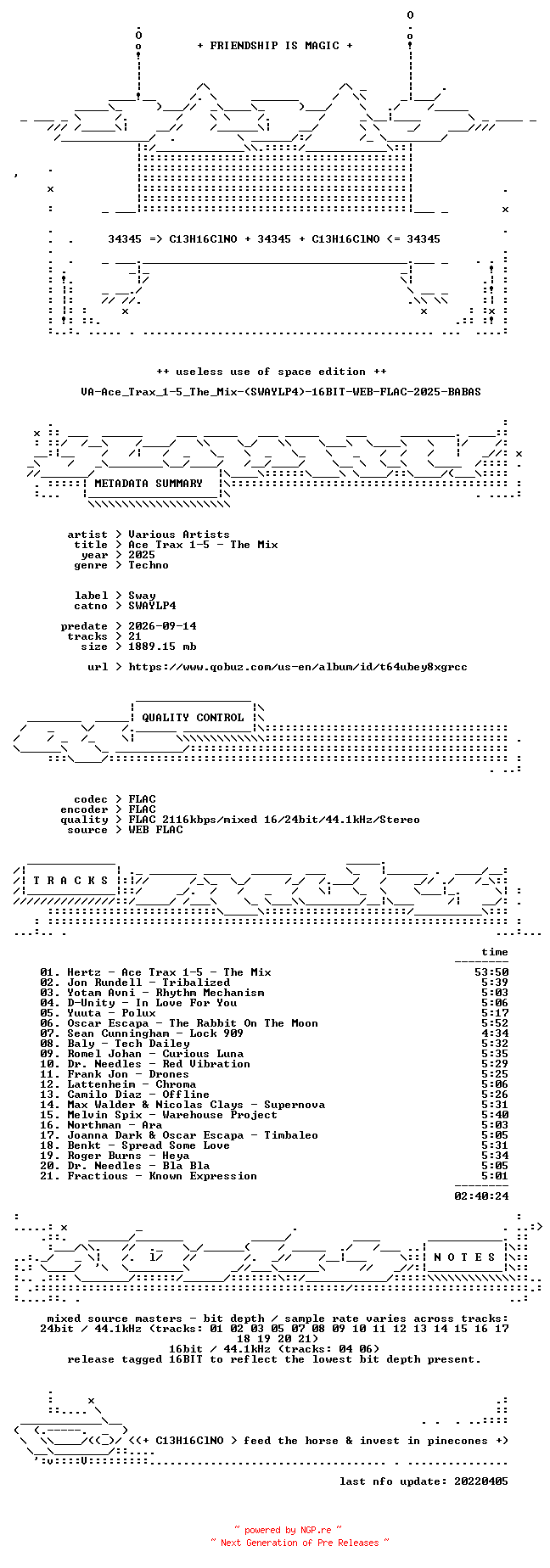 NFO for the release VA-Ace_Trax_1-5_The_Mix-(SWAYLP4)-16BIT-WEB-FLAC-2025-BABAS by BABAS