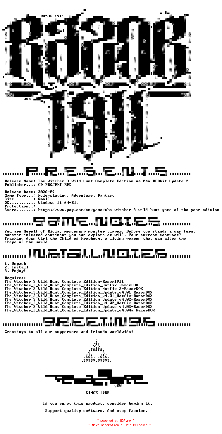 NFO for the release The_Witcher_3_Wild_Hunt_Complete_Edition_Update_v4.04a_REDkit_Update_2-RazorDOX by RazorDOX