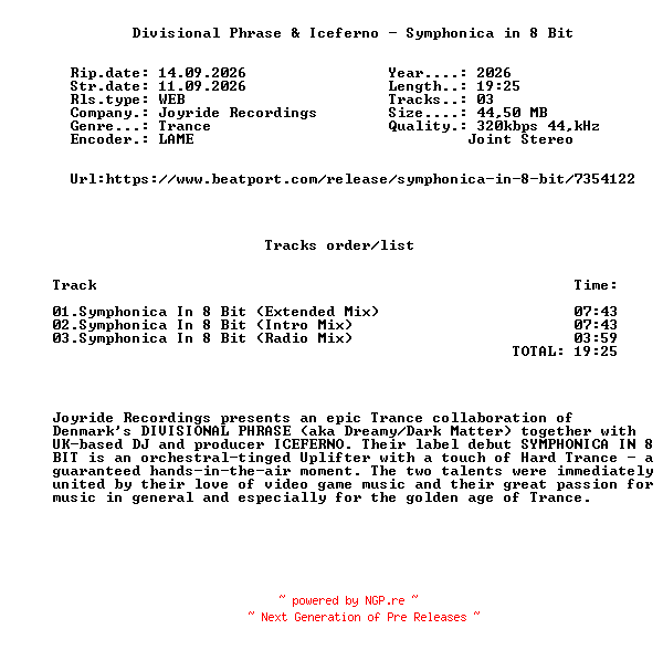 NFO for the release Divisional_Phrase_And_Iceferno_-_Symphonica_In_8_Bit-(JMJR193X)-WEB-2026-FMC by FMC