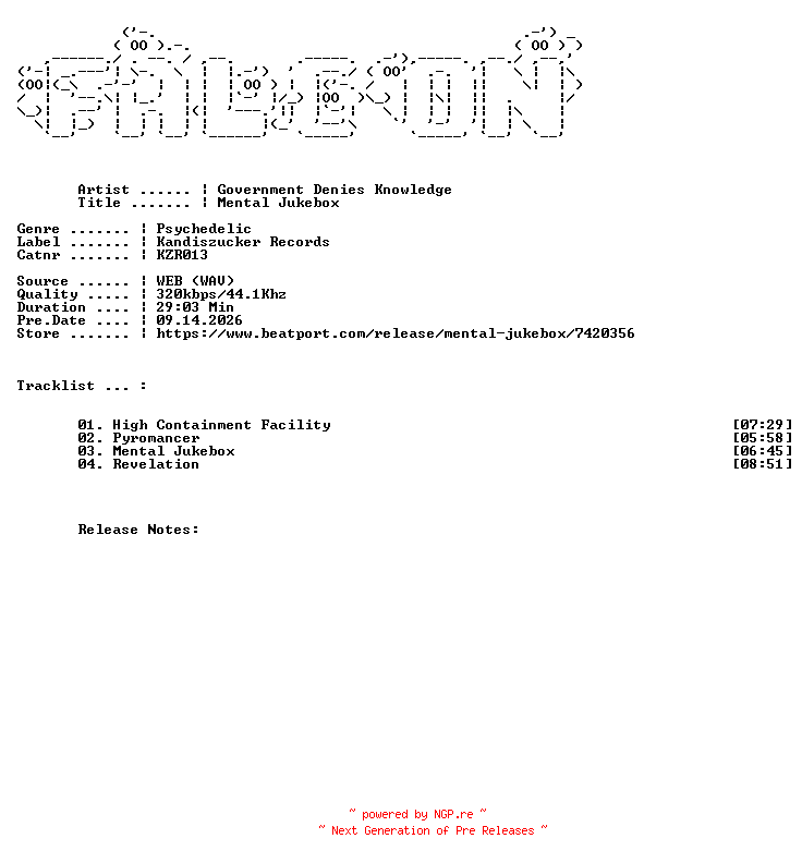 NFO for the release Government_Denies_Knowledge-Mental_Jukebox-(KZR013)-WEB-2026-FALCON by FALCON