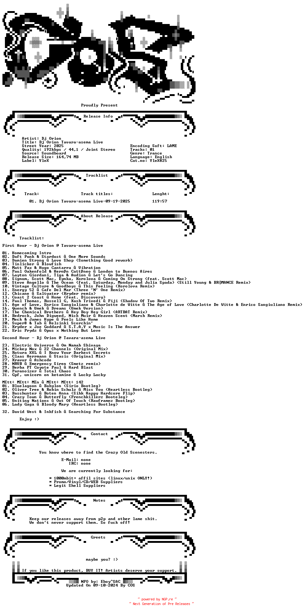 NFO for the release Dj_Orion-Dj_Orion_Tavara-asema_Live-(YleX)-SBD-09-19-2025-COS_INT by COS_INT