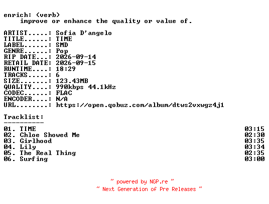 NFO for the release Sofia_Dangelo-TIME-EP-16BIT-WEB-FLAC-2026-ENRiCH by ENRiCH