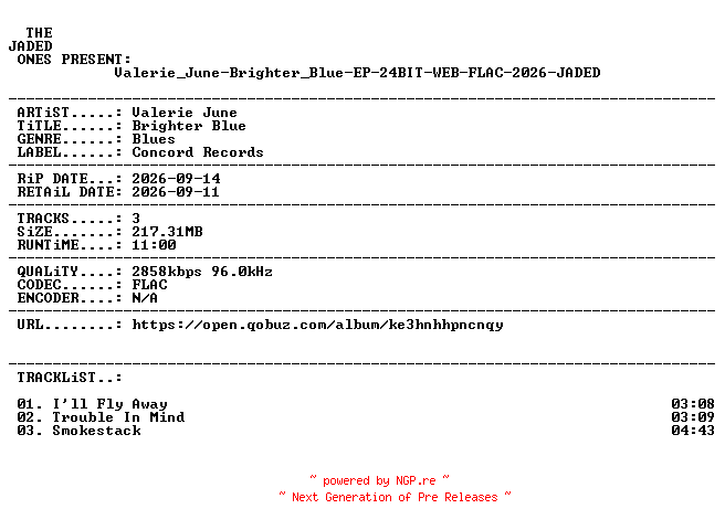 NFO for the release Valerie_June-Brighter_Blue-EP-24BIT-WEB-FLAC-2026-JADED by JADED
