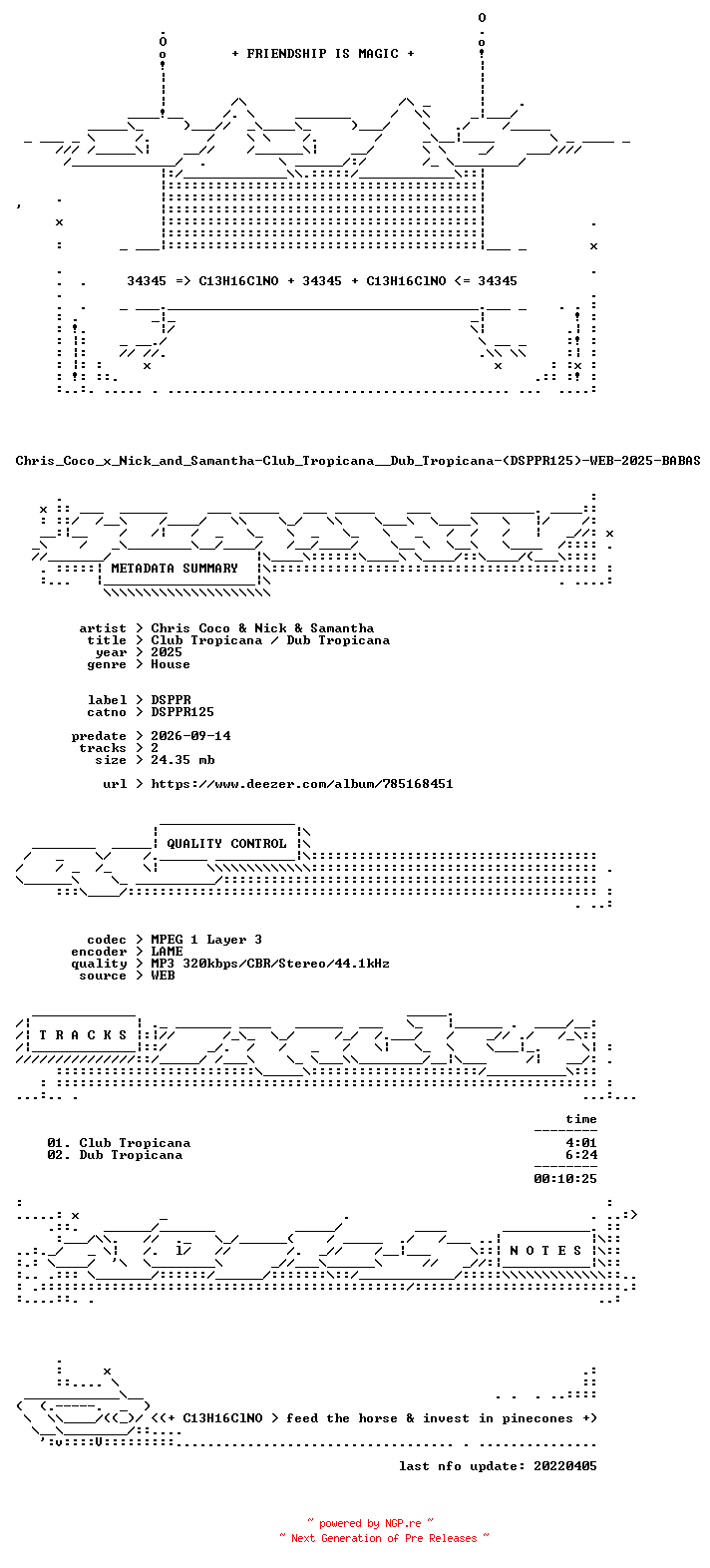 NFO for the release Chris_Coco_x_Nick_and_Samantha-Club_Tropicana__Dub_Tropicana-(DSPPR125)-WEB-2025-BABAS by BABAS