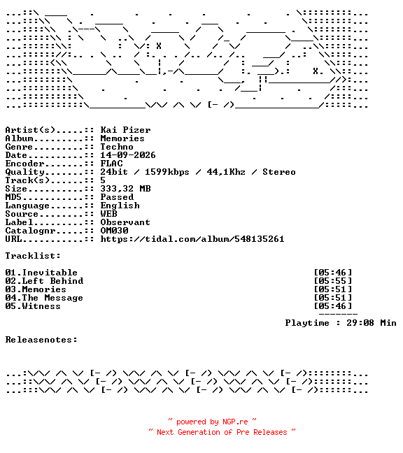 NFO for the release Kai_Pizer-Memories-OM030-24BIT-WEB-FLAC-2026-WAVED by WAVED