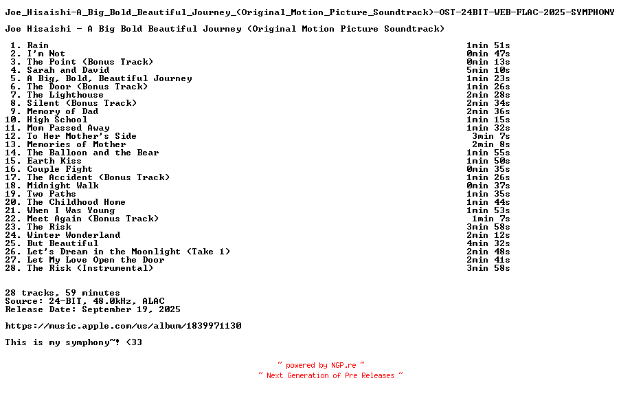 NFO for the release Joe_Hisaishi-A_Big_Bold_Beautiful_Journey_(Original_Motion_Picture_Soundtrack)-OST-24BIT-WEB-FLAC-2025-SYMPHONY by SYMPHONY