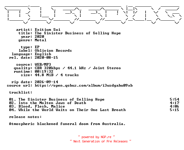 NFO for the release Exitium_Sui-The_Sinister_Business_of_Selling_Hope-EP-WEB-2020-BLEEDiNG by BLEEDiNG